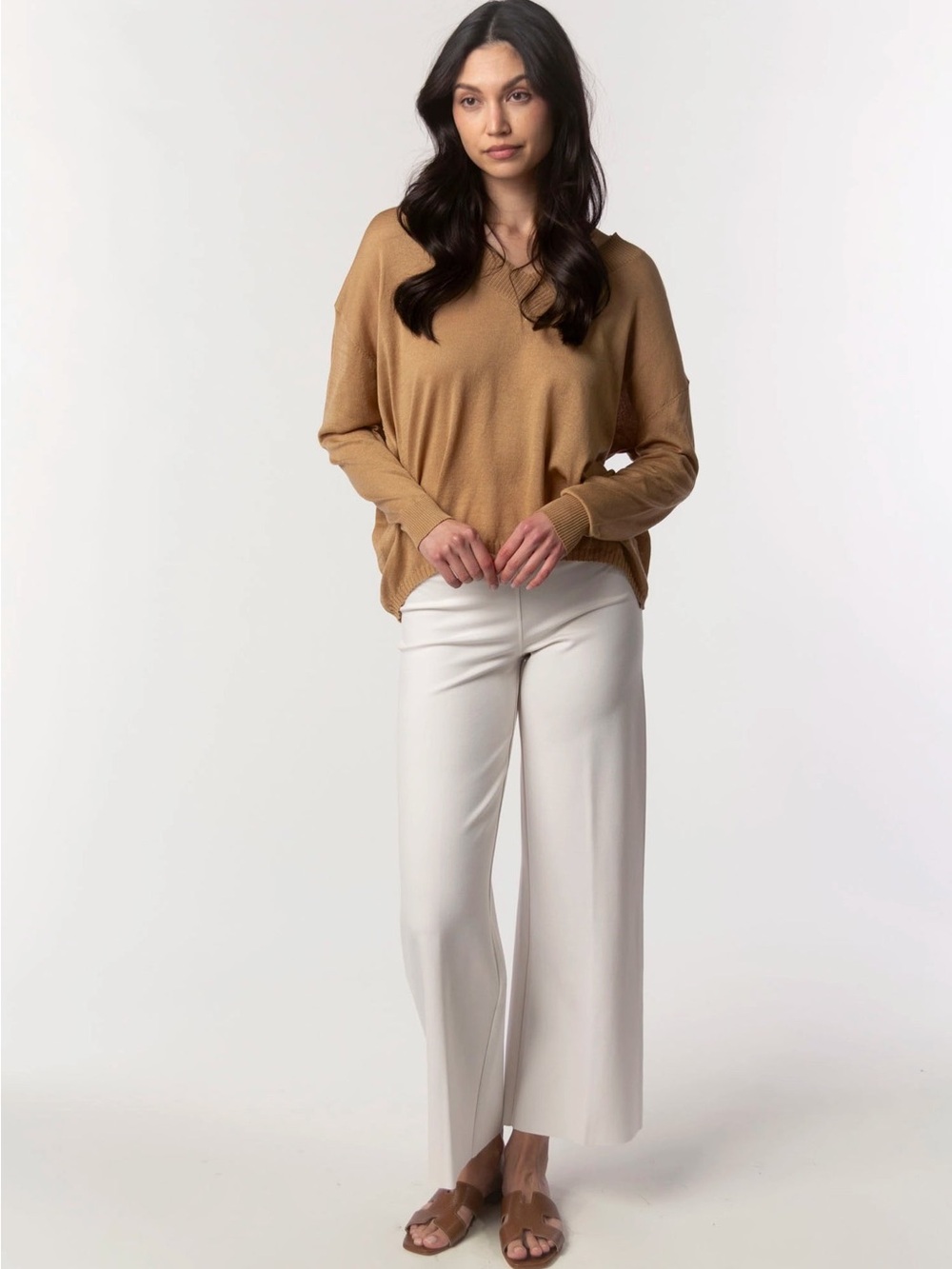Lyssé Erin High Waist Wide Leg Knit Denim Pants White Frayed Hem Size M